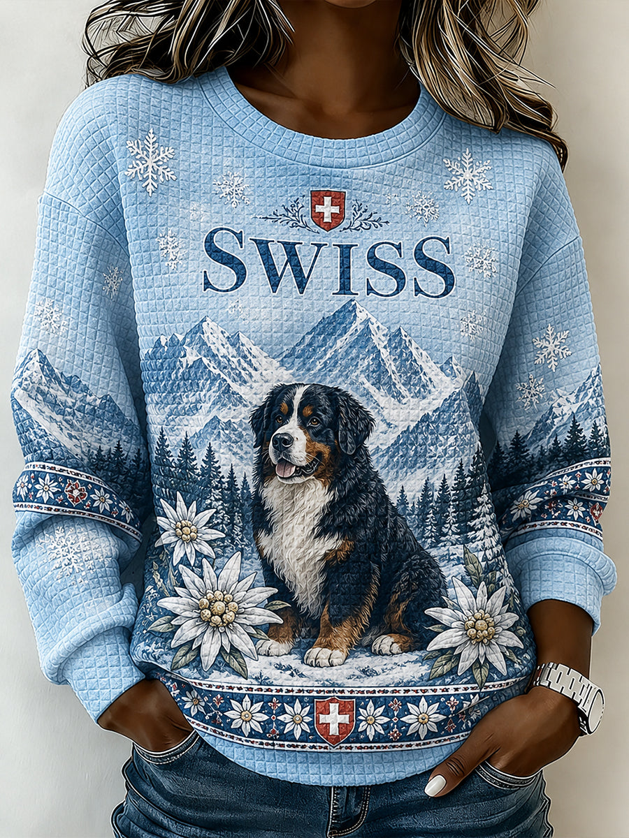 Women's Snow Mountain Animal Print Waffle Long-Sleeve Sweatshirt