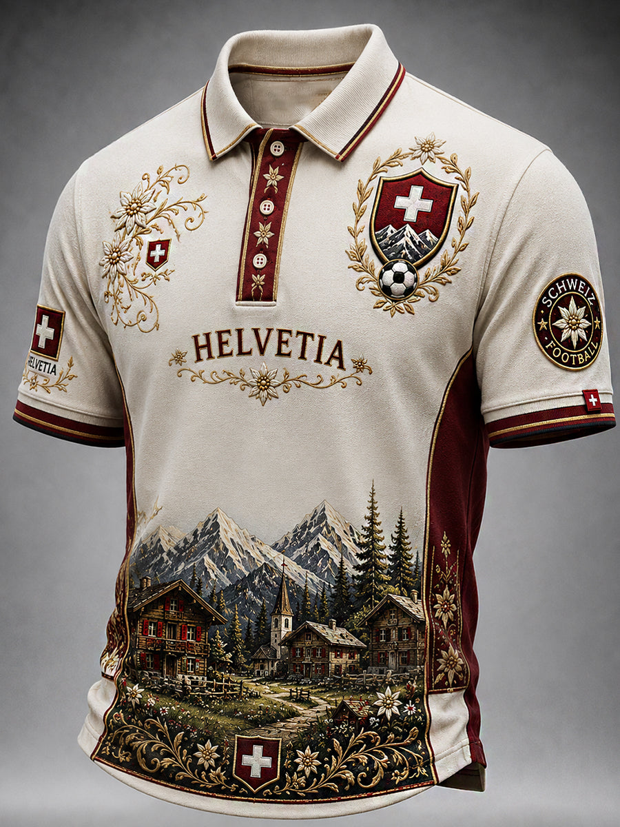 Retro Swiss Football Fan Art Print Casual Polo Shirt