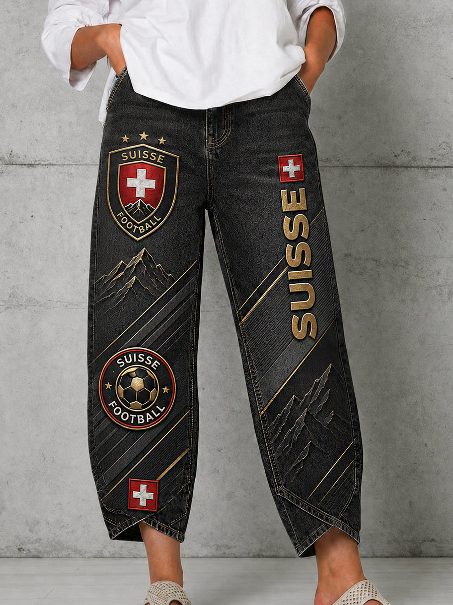 Retro Swiss Football Fan Art Print Casual Jeans