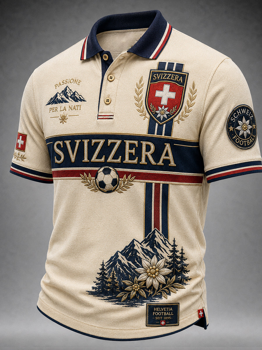 Retro Swiss Football Fan Art Print Casual Polo Shirt
