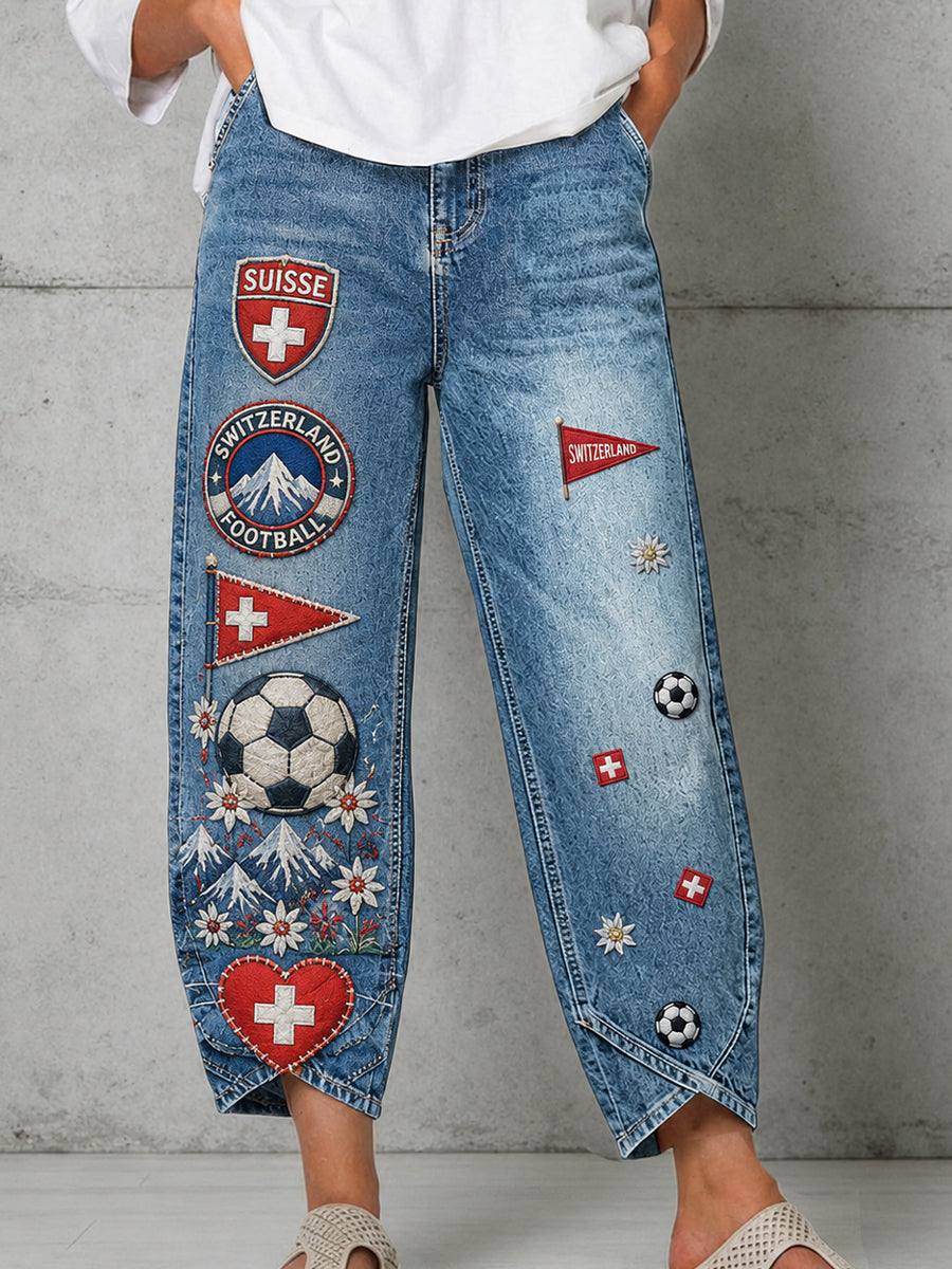 Retro Swiss Football Fan Art Print Casual Jeans