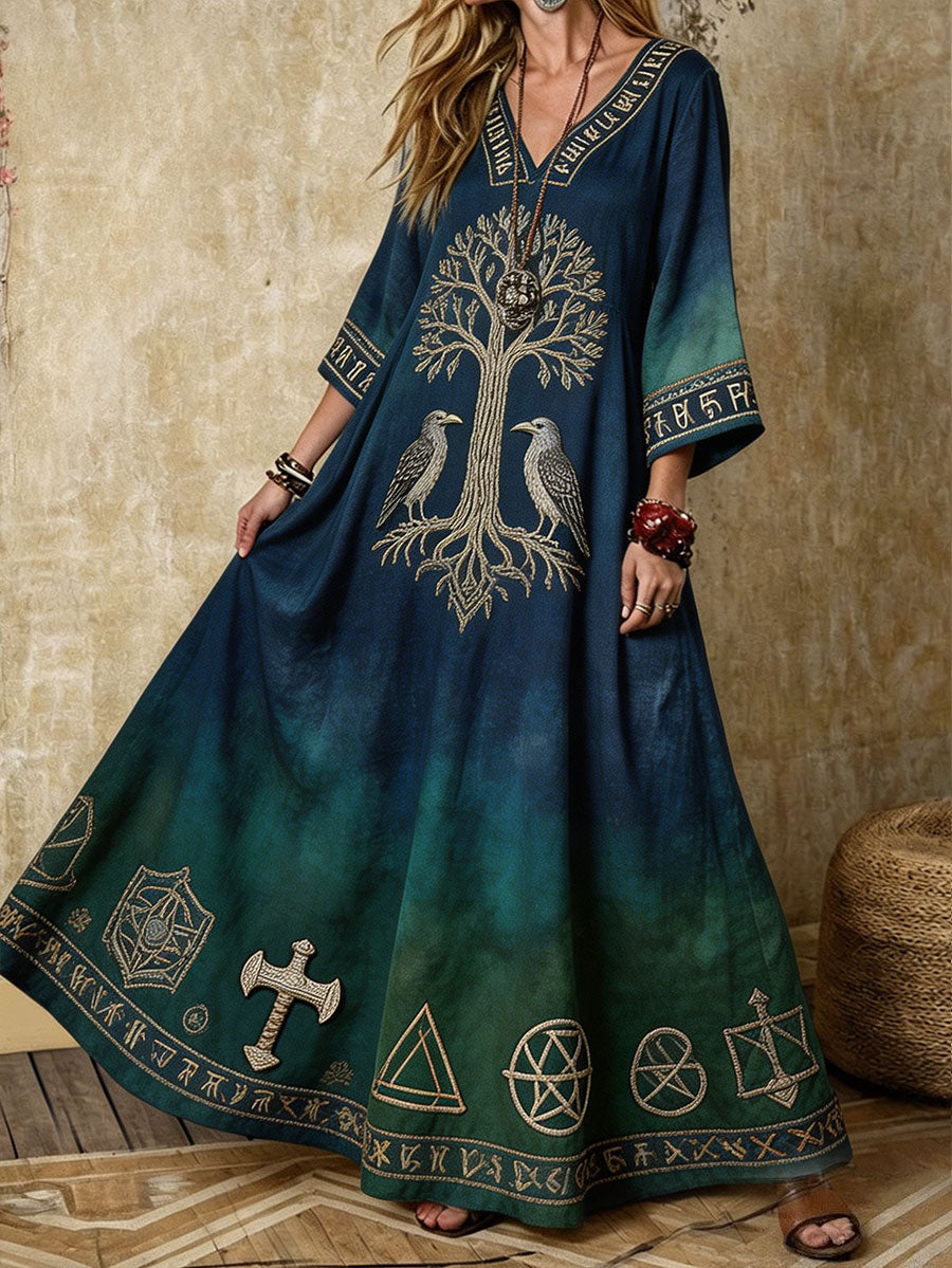 Women's Viking Style Nordic Art Printed Linen Dress