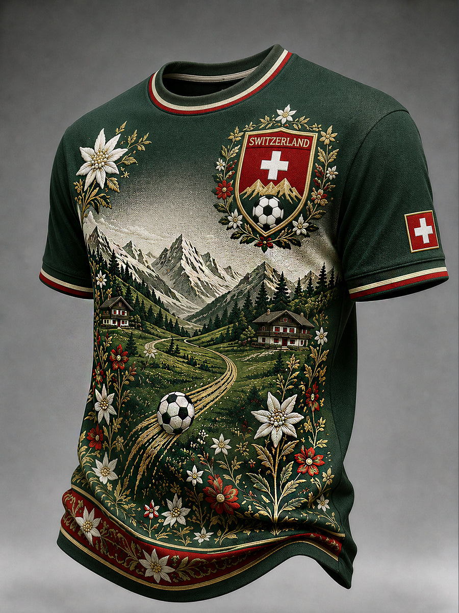 Retro Swiss Football-Themed Casual Jersey with Embroidered Floral Print