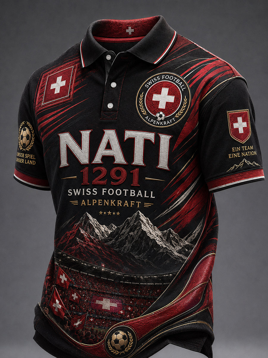 Retro Swiss Football-Themed Casual Jersey with Embroidered Floral Print