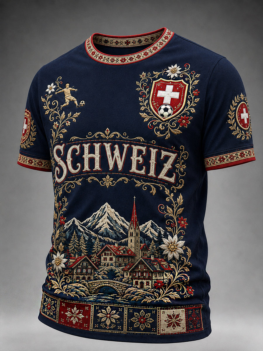 Retro Swiss Football-Themed Casual Jersey with Embroidered Floral Print