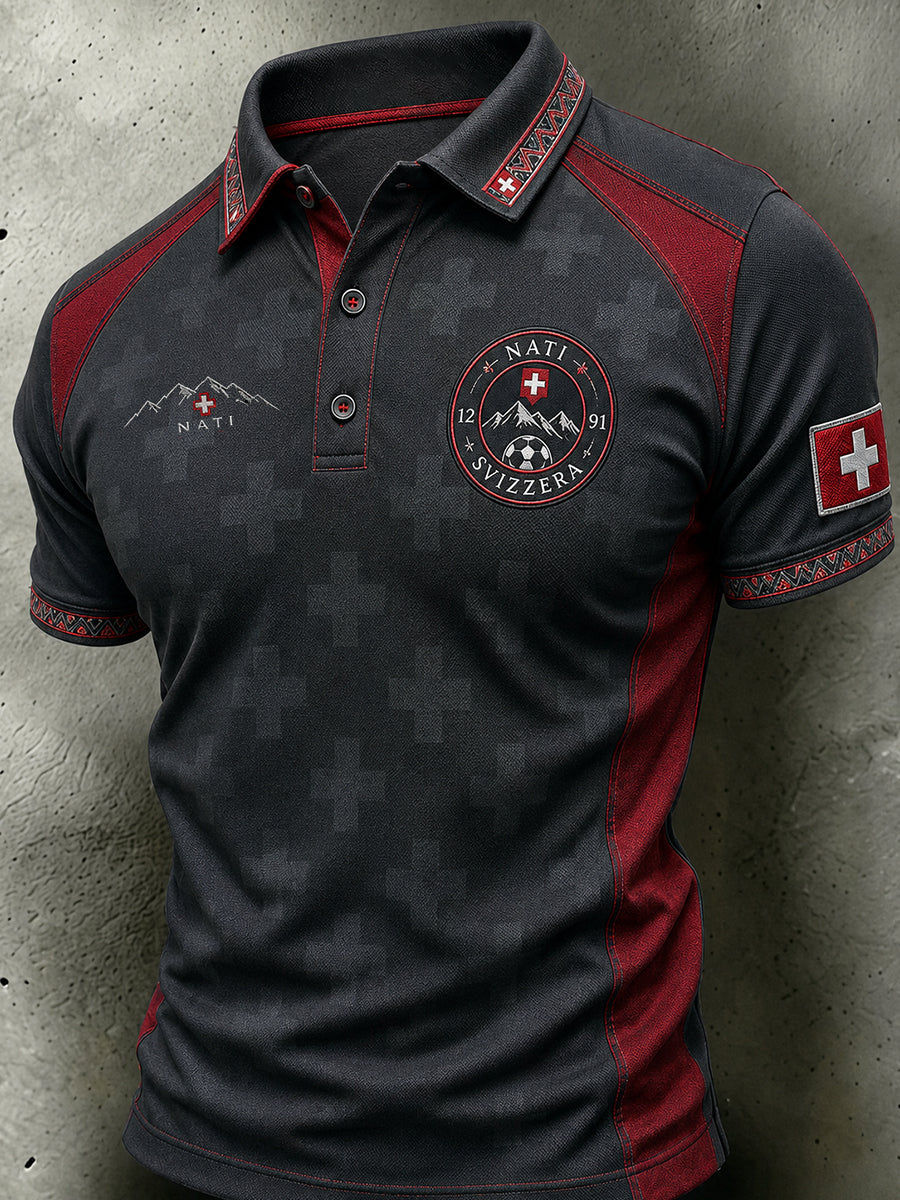 Retro Swiss Football-Themed Casual Jersey with Embroidered Floral Print