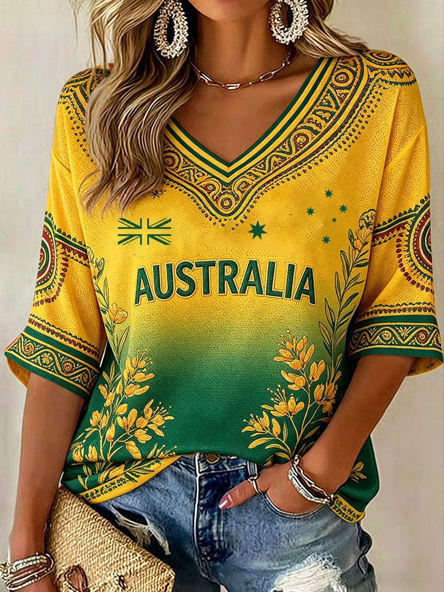 Women's Australia Football Lover Art Printed V-Neck T-Shirt
