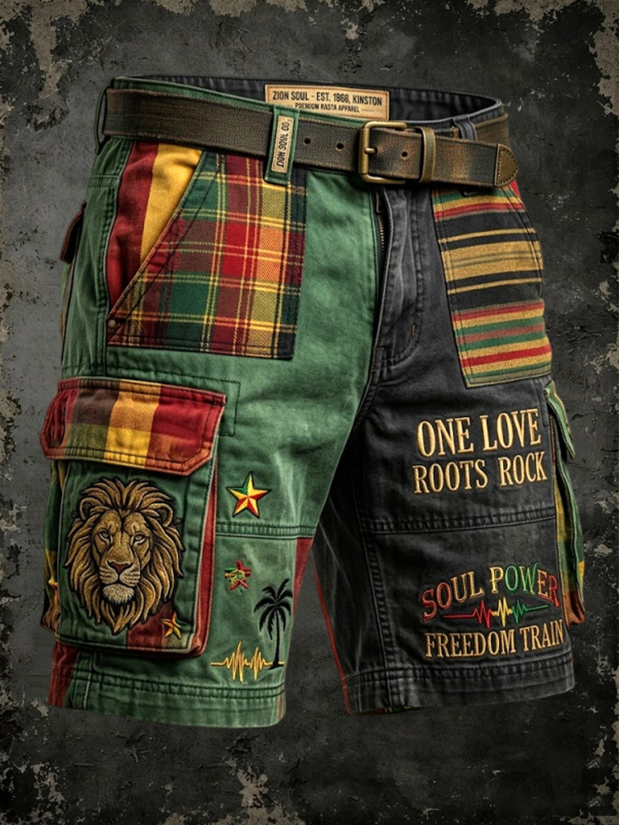 Retro Reggae-Inspired Patchwork Casual Work Shorts