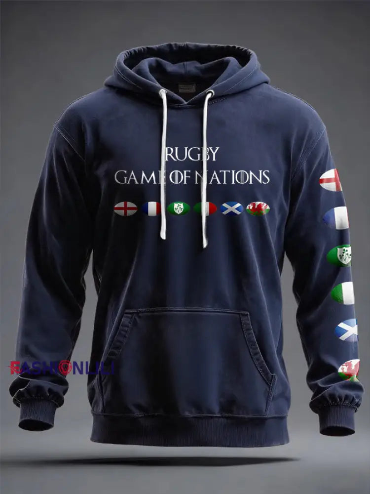 Unisex 6 Nations Rugby Lover Printed Hoodie Navy Blue / S