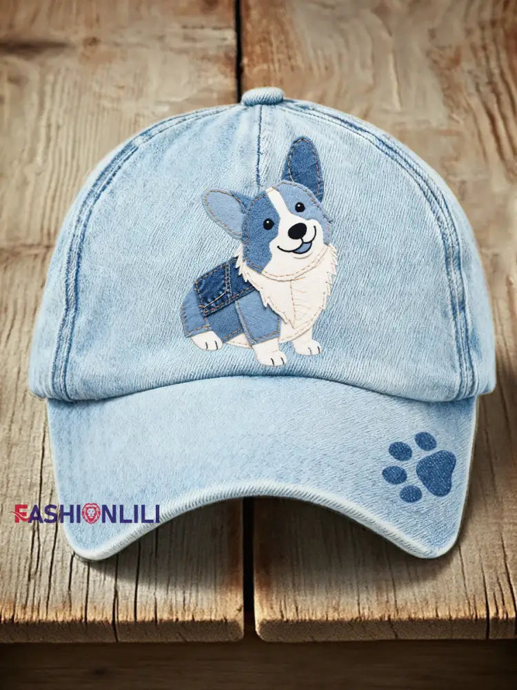 Unisex Denim Patchwork Art Corgi Dog Pattern Washed Hat Light Blue / ONE