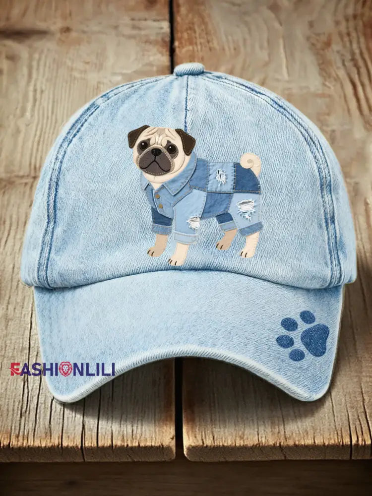 Unisex Denim Patchwork Art Pug Pattern Washed Hat Light Blue / ONE