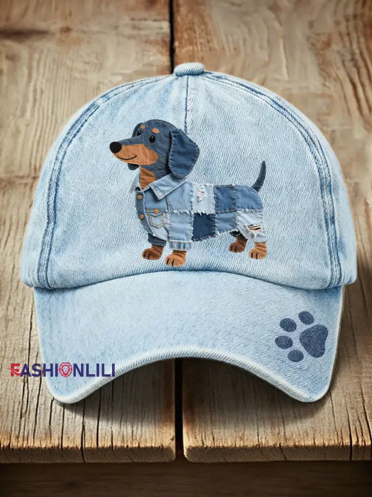 Unisex Denim Patchwork Dachshund Pattern Hat Blue / ONE