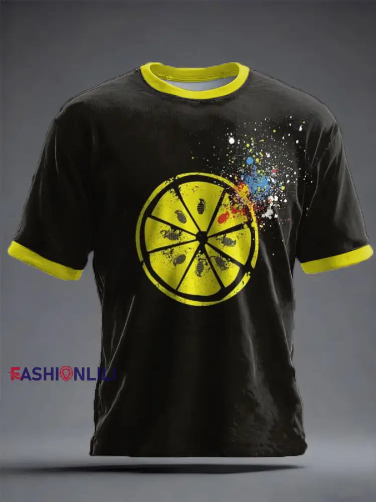 Unisex Lemon Roses Music Lover Printed T-shirt Black / S