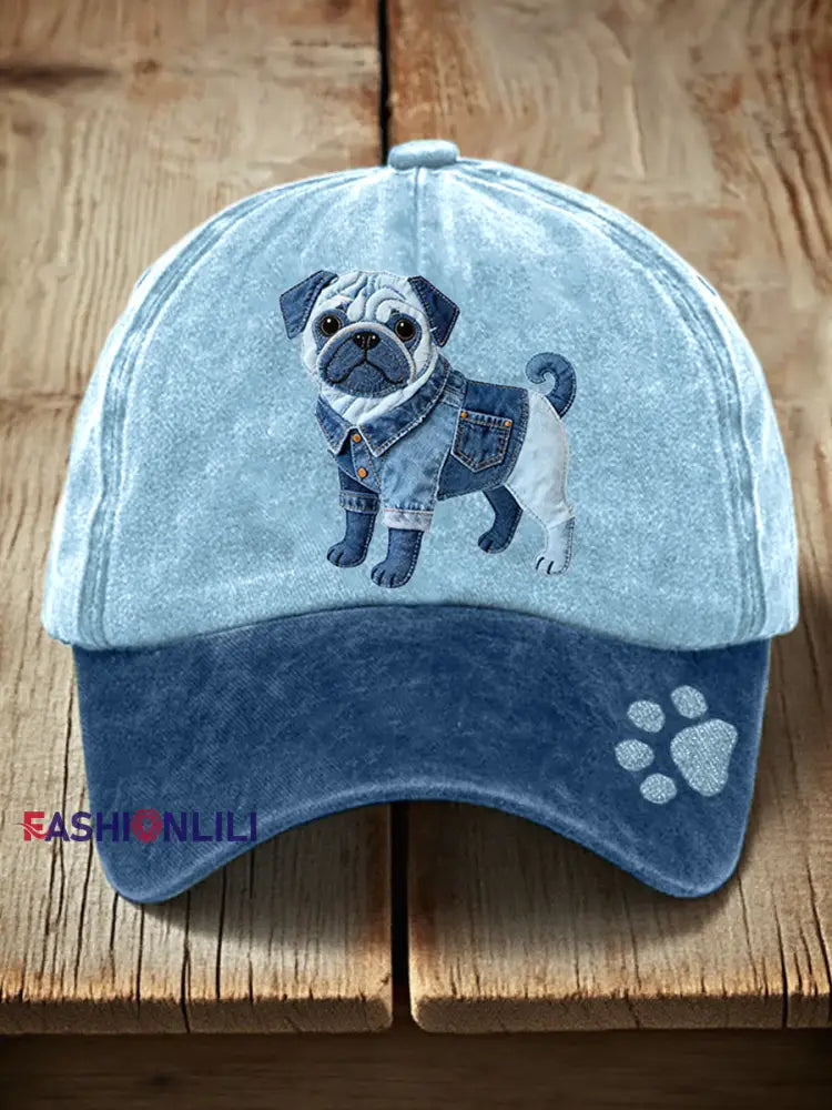Unisex Lovely Pug Dog Denim Patchwork Pattern Hat Blue / ONE