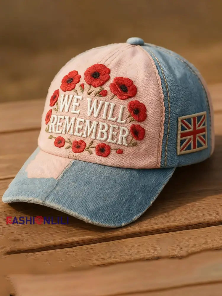 Unisex poppy flower We WlLL Remember Print Hat Blue-Pink / ONE