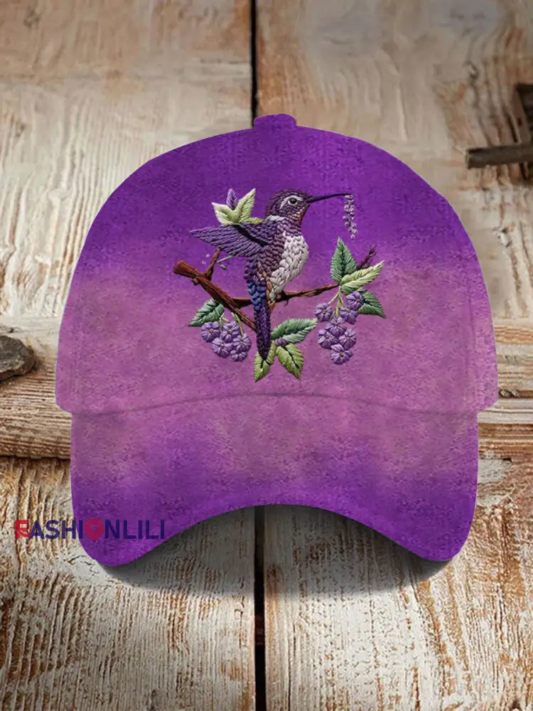 Unisex Purple Gradient Hummingbird Floral Print Hat Purple / ONE