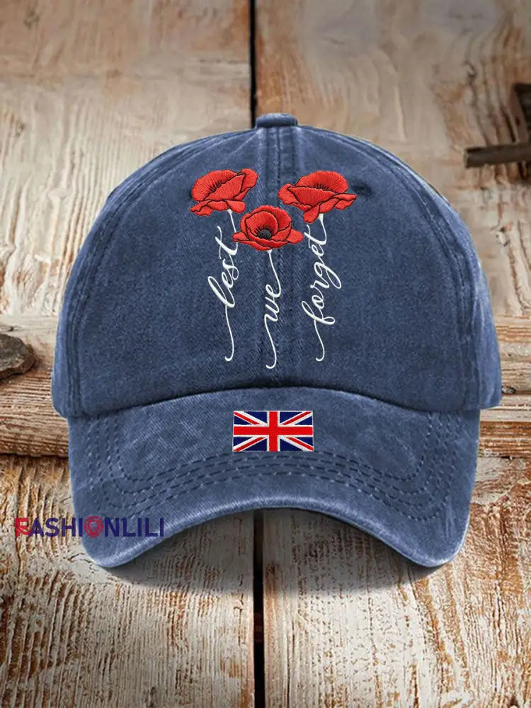 Unisex Remembrance Day Lest We Forge Print Hat Navy Blue / ONE