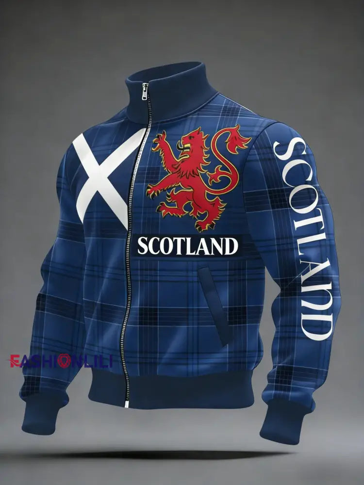 Unisex Scotland Football Lover Tartan Army Printed Casual Stand Collar Jacket Blue / S