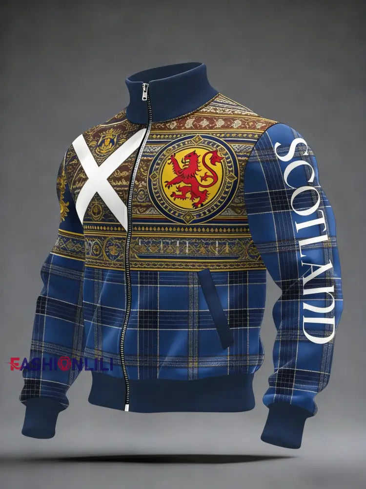 Unisex Scotland Football Lover Tartan Army Printed Casual Stand Collar Jacket Blue / S