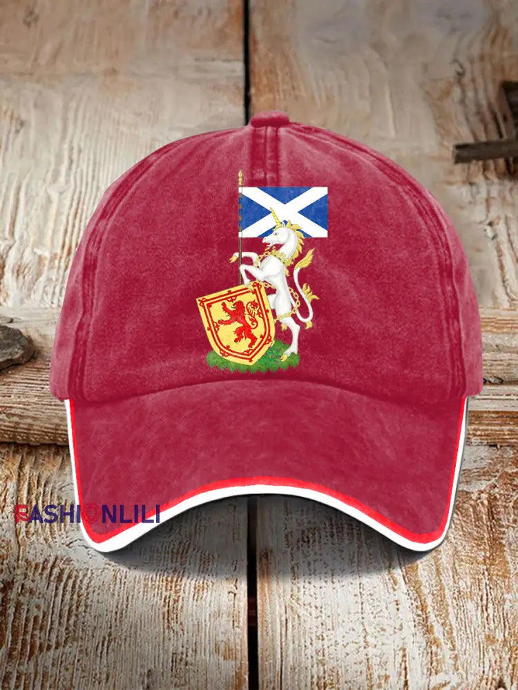 Unisex Scottish Unicorn Design Print Hat Deep Red / JM