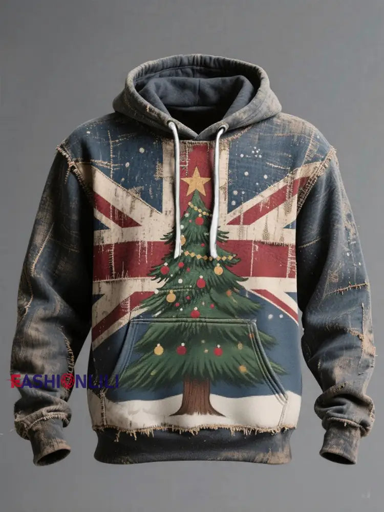 Unisex UK Flag Christmas Santa Printed Hoodie Blue / S