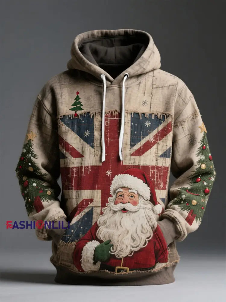 Unisex UK Flag Christmas Santa Printed Hoodie Khaki / S