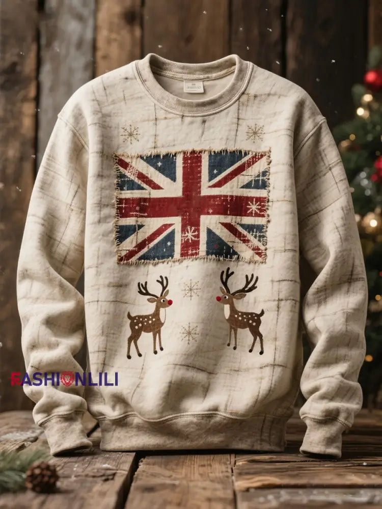 Unisex UK Flag Christmas Santa Printed Sweatshirt Apricot / S