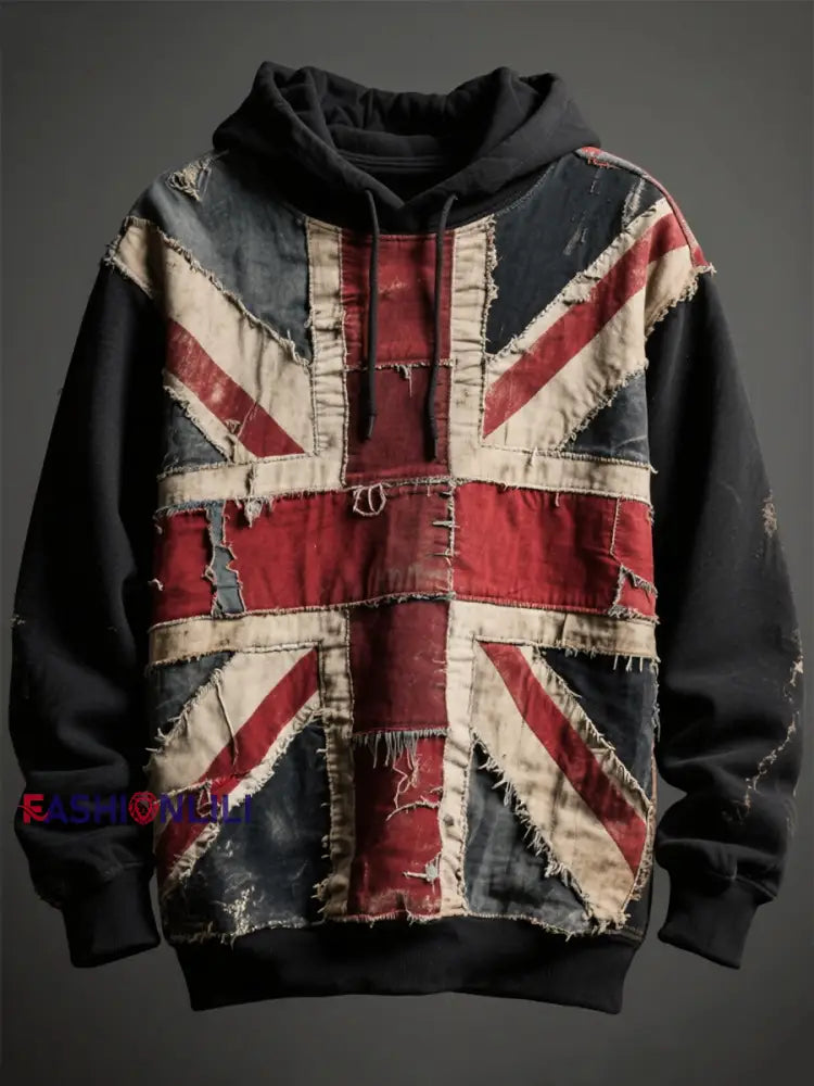 Unisex Union Jack and patchwork printed Drop-Shoulder Hoodie (No Pockets) Black / S