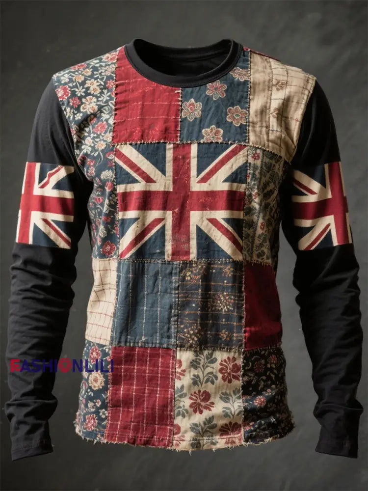Unisex Union Jack and patchwork printed long sleeve round neck T-shirt Black / S