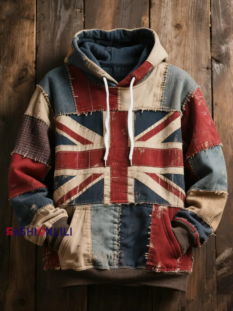 Unisex Union Jack and patchwork style Printed Oversized Drop-Shoulder Hoodie with Pockets As picture / S