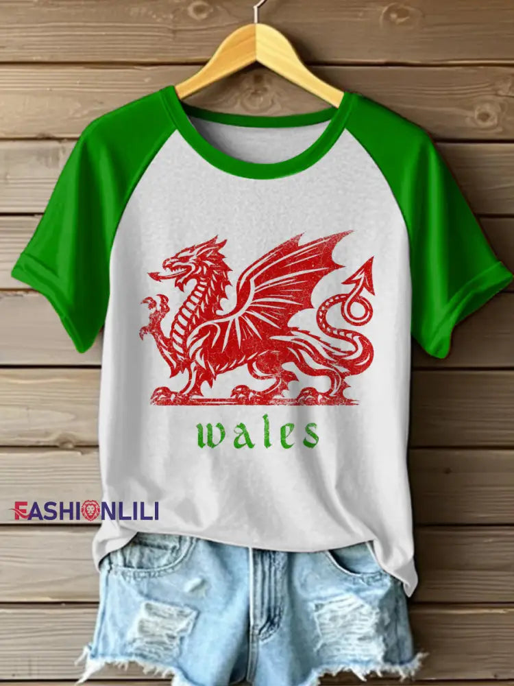 Welsh Red Dragon Printed Vintage Fashion Loose Short Sleeve T-Shirt Green / S