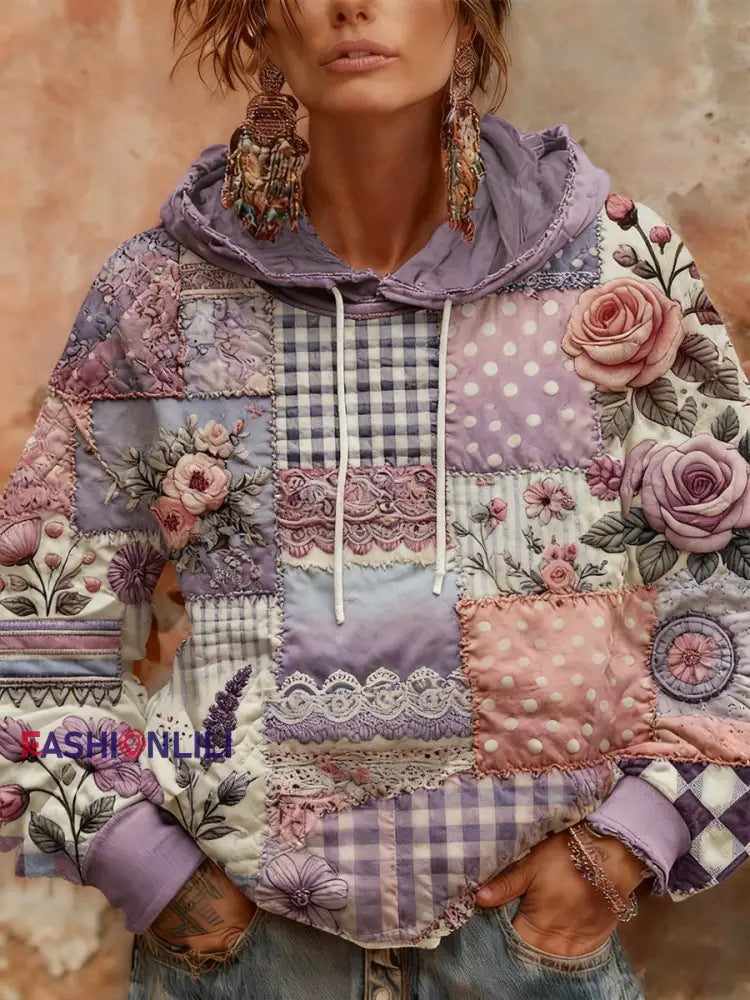Women’s Alzheimer’s Awareness Purple Floral Patchwork Hooded As picture / S