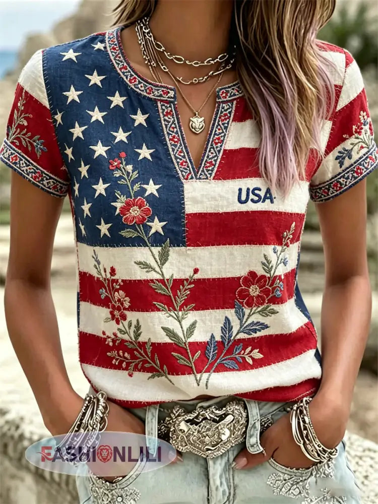 Women’s America Floral Print V-Neck Casual T-Shirt - As picture / S