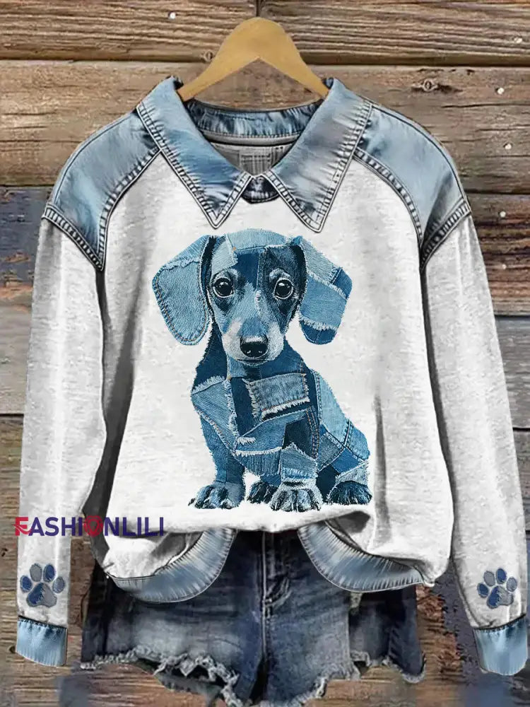 Women’s Animal Print Patchwork Lapel Long Sleeved Sweatshirt Gray / S