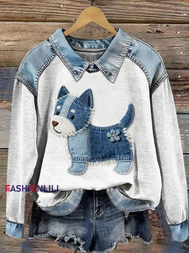Women’s Animal Print Patchwork Lapel Long Sleeved Sweatshirt Gray / S