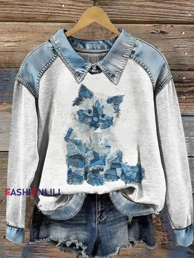 Women’s Animal Print Patchwork Lapel Long Sleeved Sweatshirt Gray / S