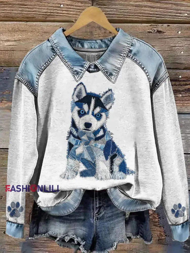 Women’s Animal Print Patchwork Lapel Long Sleeved Sweatshirt Gray / S