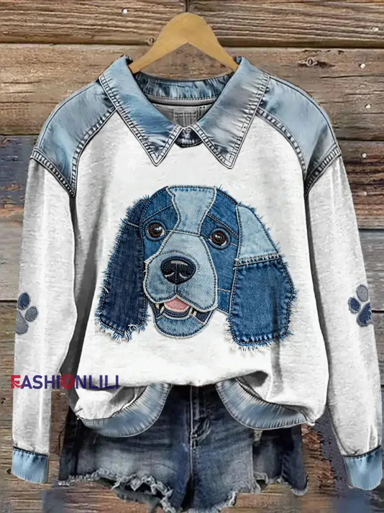 Women’s Animal Print Patchwork Lapel Long Sleeved Sweatshirt Gray / S