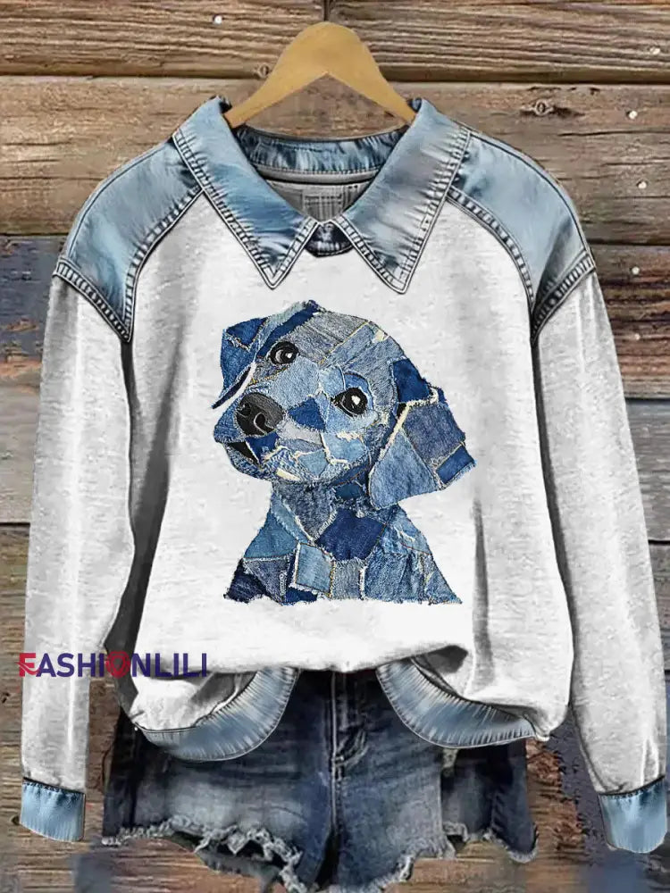 Women’s Animal Print Patchwork Lapel Long Sleeved Sweatshirt Light Blue / S