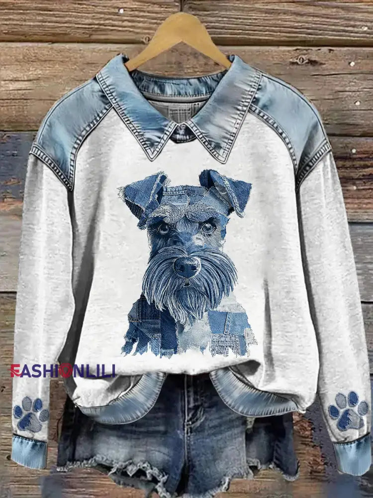 Women’s Animal Print Patchwork Lapel Long Sleeved Sweatshirt Light Blue / S