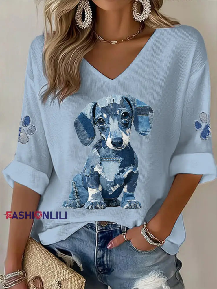 Women’s Animal Print V-Neck Mid-Sleeve printed Casual T-shirt Blue / S