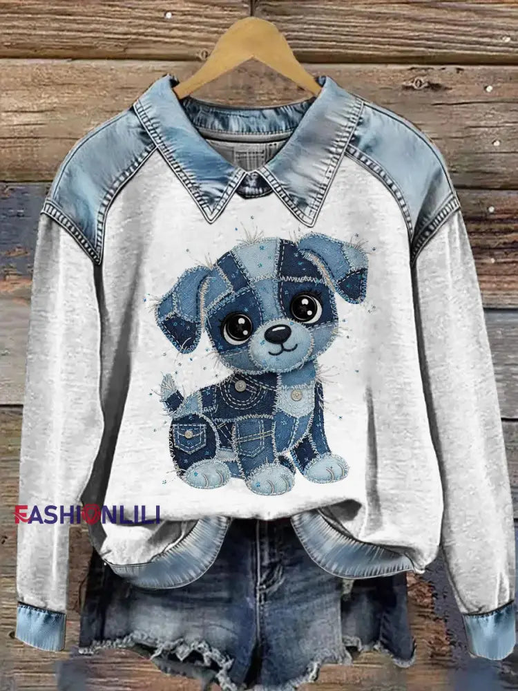 Women’s Animal Printed Denim Patchwork Lapel Long Sleeved Sweatshirt Gray / S