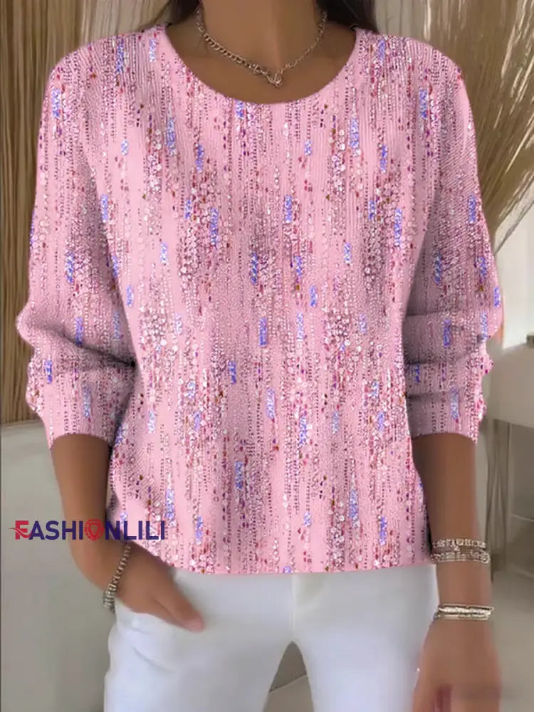 Women’s Art Design Printed Knitted Long Sleeve Top Pink / S