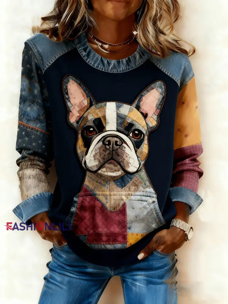 Women’s Art Dog Denim Patchwork Sweatshirt As picture / S