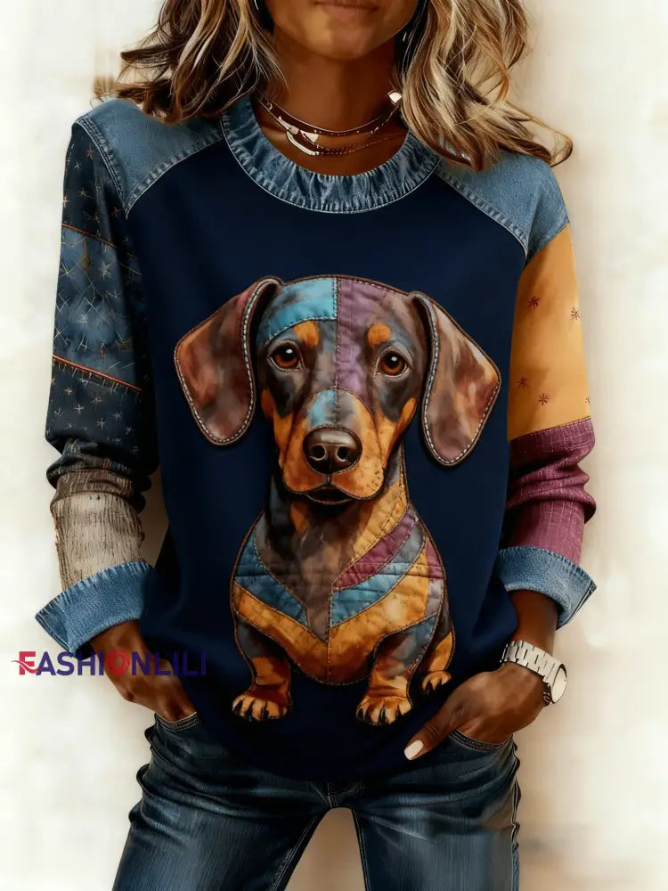 Women’s Art Dog Denim Patchwork Sweatshirt As picture / S