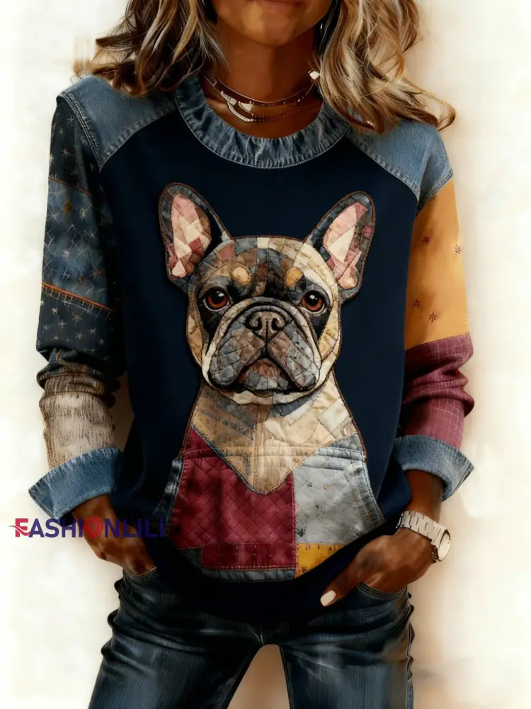 Women’s Art Dog Denim Patchwork Sweatshirt As picture / S