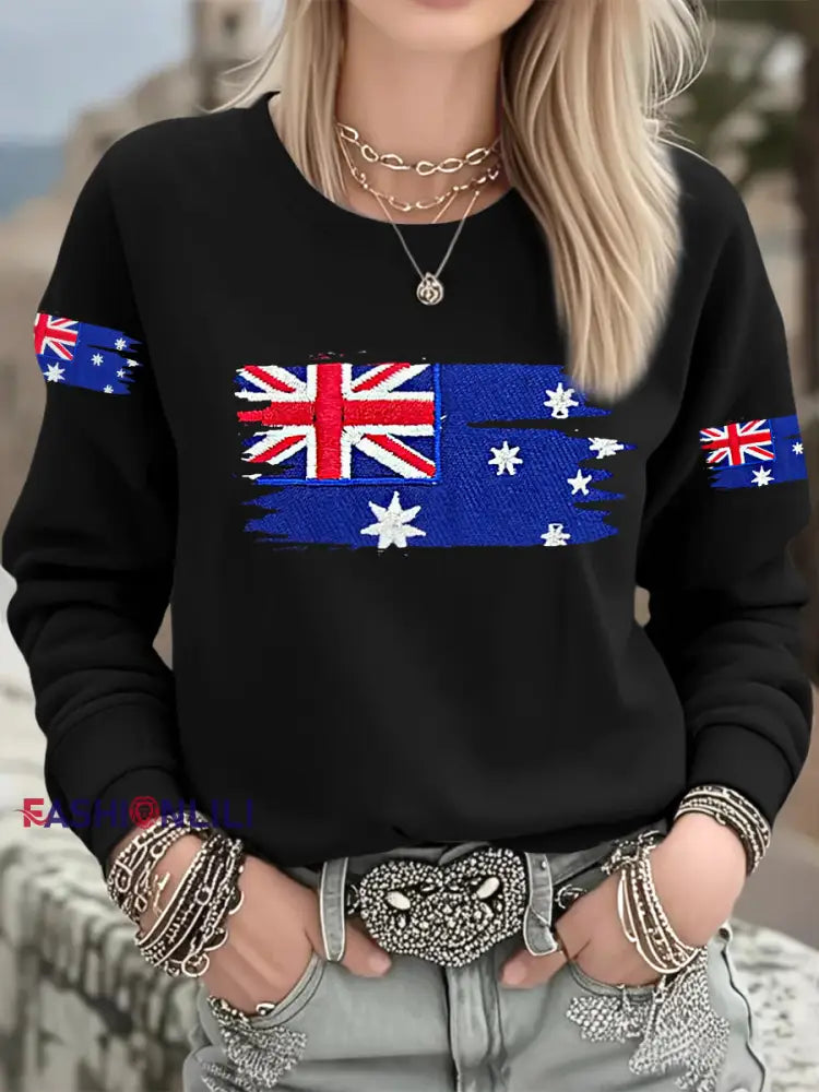 Women’s Australian Flag Print Casual Long Sleeve Sweatshirt Black / S