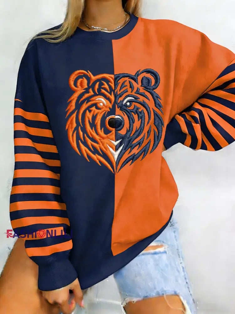 Women’s Bear Print Football Fans Gameday Casual Sweatshirt Orange / S