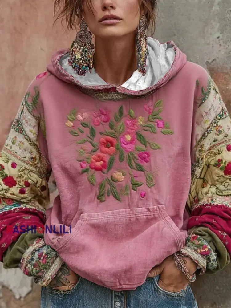 Women’s botanical floral print hoodie Pink / S