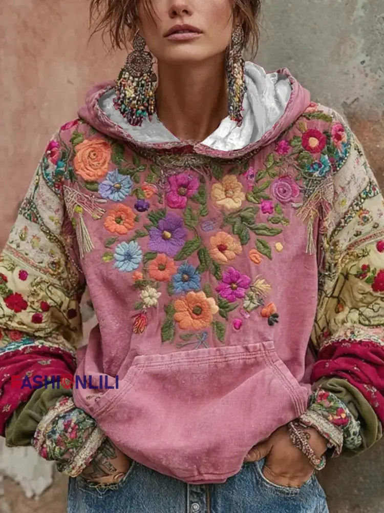 Women’s botanical floral print hoodie Pink / S